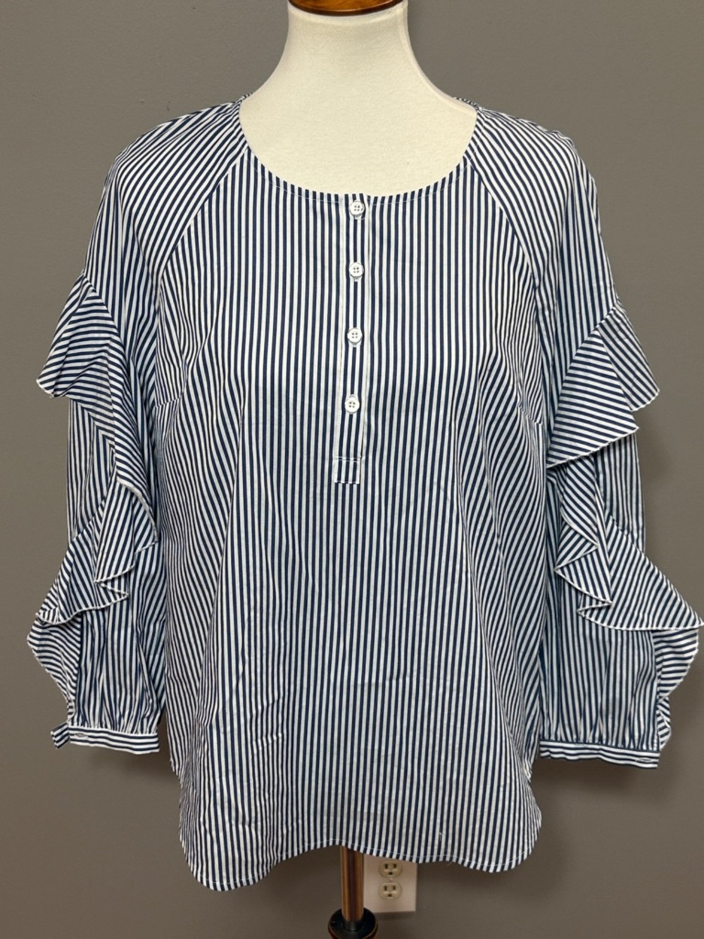 7 For All Mankind Navy & White Striped Ruffle Sleeve Blouse Top - Orig. $128 - M